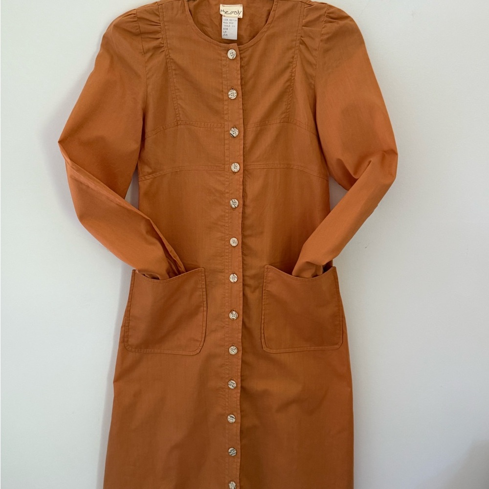 Terracotta Retro Long Sleeve Button-Front  Cotton Shirt Dress